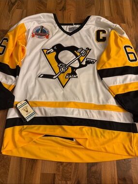 Mario Lemieux CCM Pittsburgh Penguins White, Gold & Black Captain Hockey Jersey